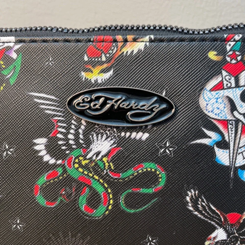 Ed Hardy Tattoo Print‎ Cosmetic Case Black Vegan Leather Makeup Bag New